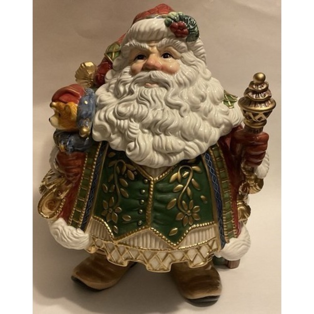 NWOB Fitz & Floyd Classic Jolly Ole St. Nick Cookie Jar with Staff & Teddy Bear